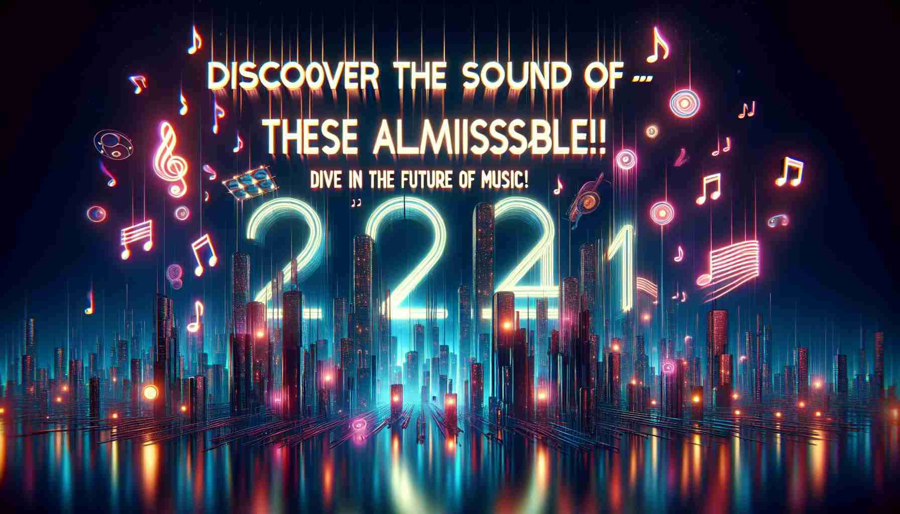 Generate a hyper-realistic image portraying the text 'Discover the Sound of 2024 – These Albums Are Unmissable! Dive Into the Future of Music!' in a futuristic style, potentially using neon letters, a background with luminous skyscrapers, and abstract shapes symbolizing musical notes or instruments. The overall atmosphere should convey exhilaration and excitement for the future of music.