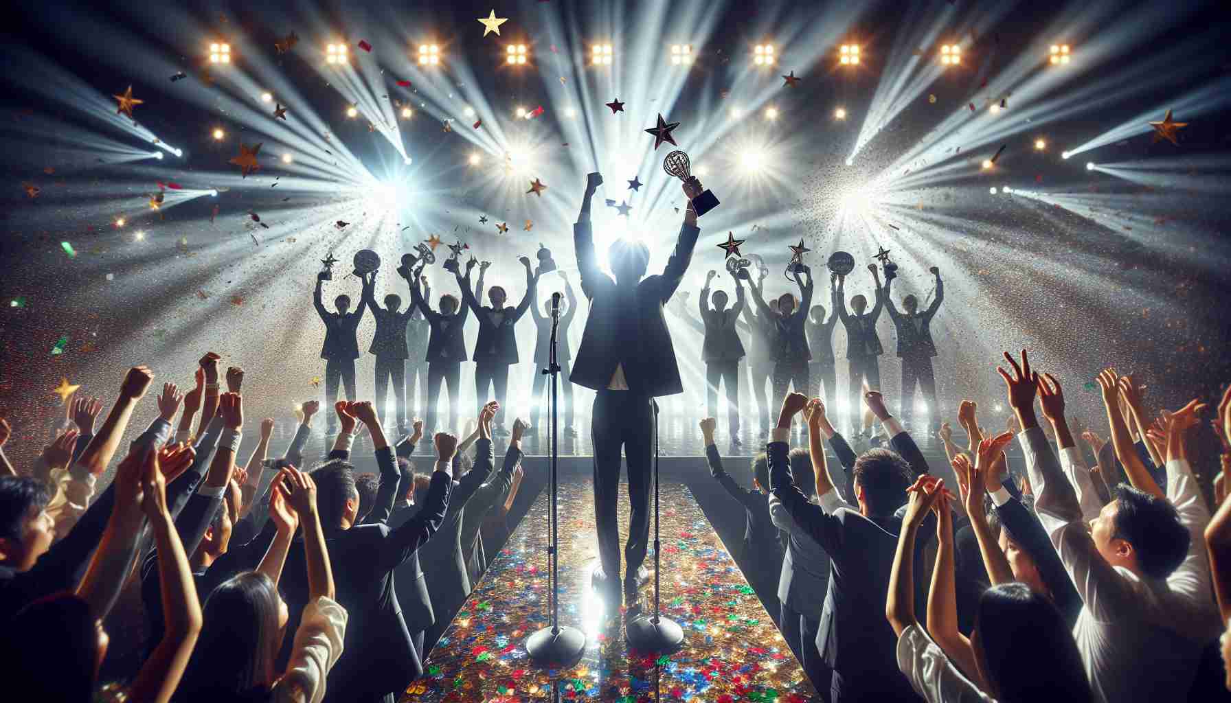 Generate a realistic, high-definition image of a surprising awards ceremony outcome for a K-Pop genre music competition. Show jubilant musicians on stage, holding their awards, surrounded by confetti and under the bright lights. Include text announcing the unexpected victory but avoid naming or identifying any specific individuals.