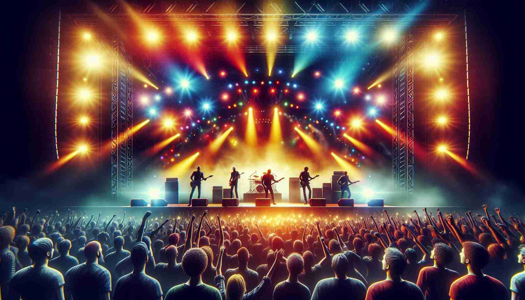 Create a high-definition, realistic image of a rock band's grand comeback event. The band, known as 'The Wildhearts', are at the forefront of the event, energetically leading the charge. The scene displays an open air concert, full of vibrant lights portraying every color of the spectrum. The crowd is alive with sheer passion, gazing at the stage with anticipation and joy. One can nearly hear the emphatic guitars and pounding drums echoing through the atmosphere.