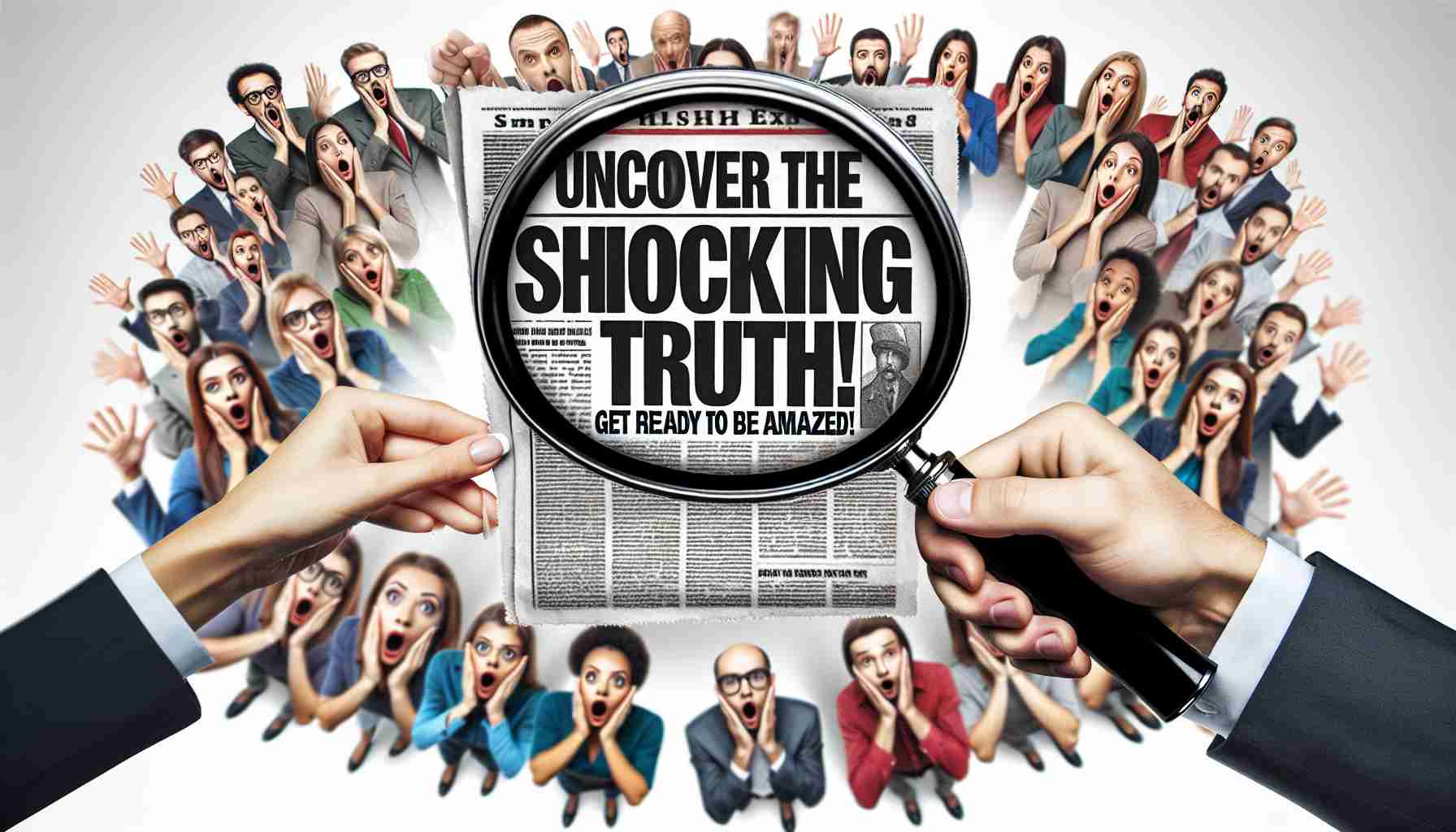 Generate a detailed high-definition image of the striking concept 'Uncover the Shocking Truth! Get Ready to Be Amazed!'. The image could contain a magnifying glass focusing on a newspaper headline revealing a surprising truth, with an audience displaying wide-eyed expressions and gasps of astonishment in the background.