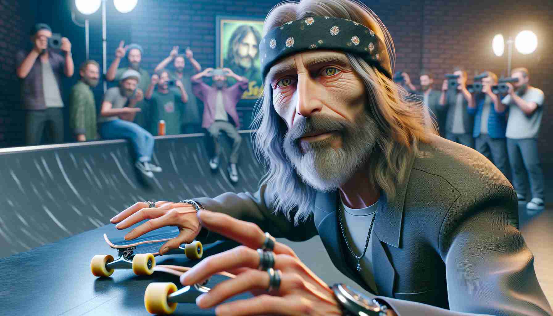 Realistic HD photo illustrating the saddening news: Prominent rock musician and skateboarding pioneer, recognized for his unique style and charisma, departed at the age of 59