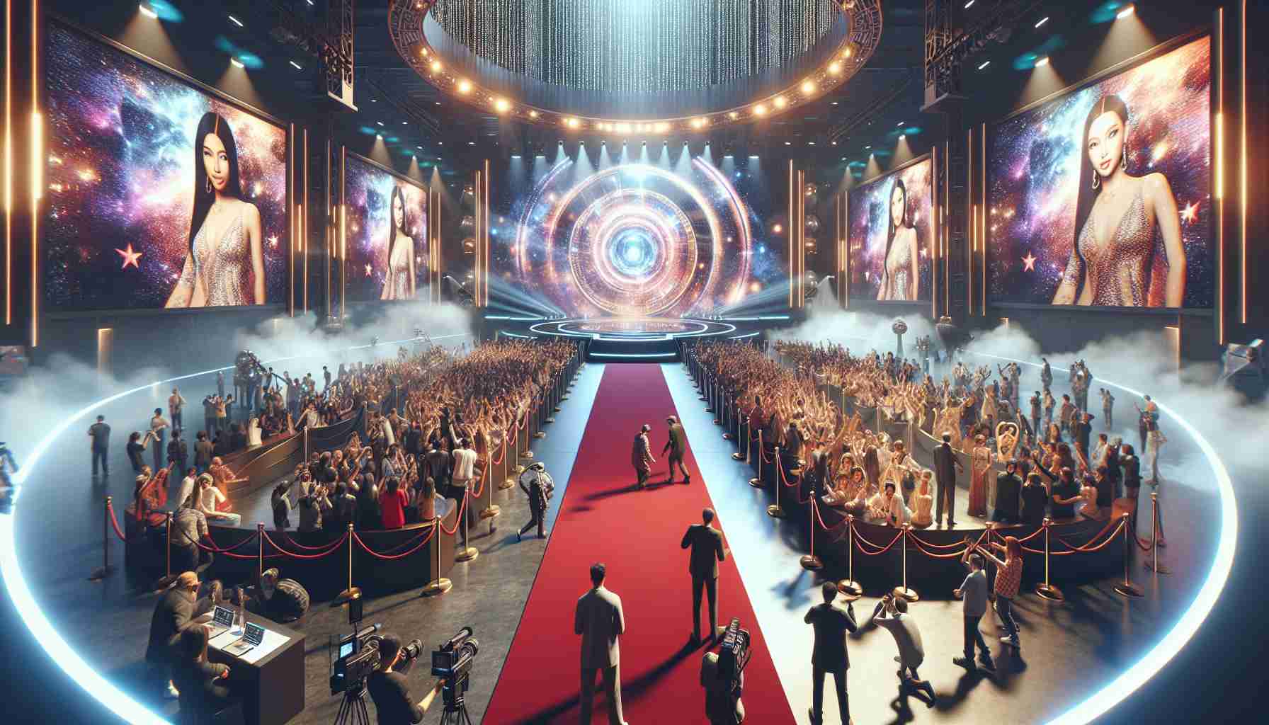 A highly detailed and realistic image representing the atmosphere of an upcoming prominent music awards ceremony in 2024. The setting is teeming with anticipation and excitement. The aesthetics include a grand red carpet entrance, photographers eagerly taking pictures, and giant screens displaying nominees and popular music videos. Fans of different ages, genders, and descents are there to cheer and show their support. Please note that no specific celebrity is to be depicted.