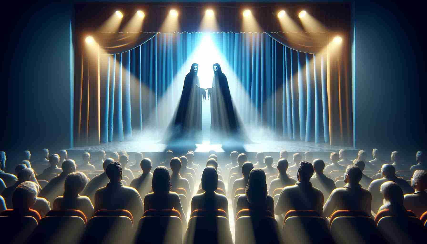 A high-definition, realistic image depicting a dramatic scene on a stage. Two figures, shrouded in allure and respectability, are seen delivering an unexpected, shocking moment to an entranced audience. The setting is lit with vibrant stage lights, casting long shadows as the performance unfolds into an unbelievable spectacle.