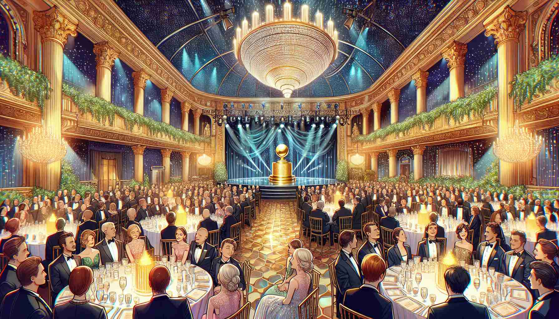 Draw a realistic and high-definition image of a unique and glamorous award night. It is filled with jubilant atmosphere, buzzing energy, and the anticipation of celebratory victories. The ballroom adorned with glittering decorations, sparkling chandeliers, and beautifully set tables. Diverse guests in formal wear eagerly waiting for the ceremony to begin. Showcase different emotions on their faces- excitement, nervousness, hope. Stage set for the grand ceremony, an oversized trophy accentuating the idea of grandeur of the event. A golden envelope open, hinting a victor's name inside. Each detail brings together the palpable sensation of a big win.