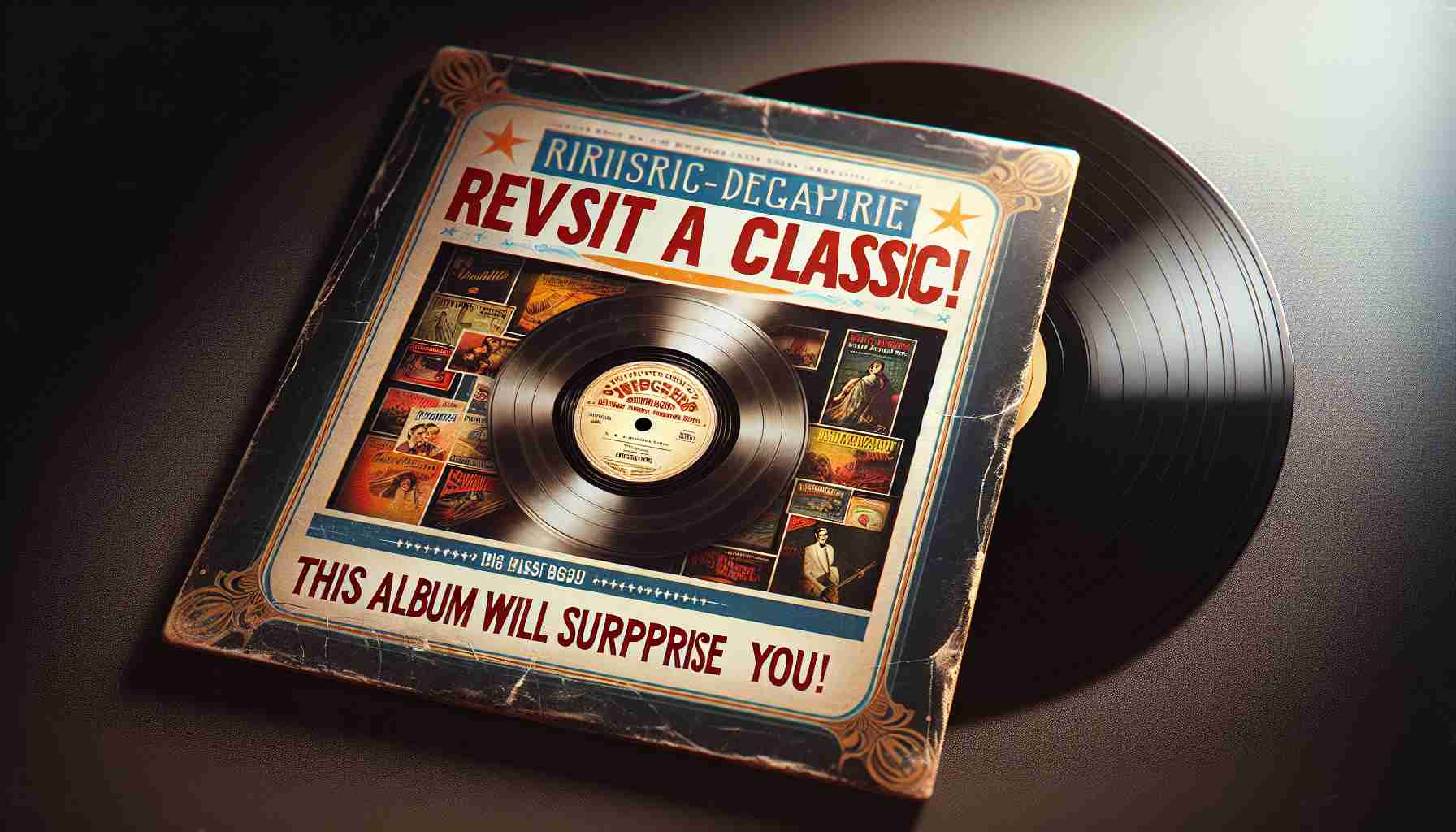 Illustrate a high-definition, realistic image of a vintage record album. The album cover teems with nostalgia and mystery, promising a surprising audio journey that revisits the classics of the past. It beautifully juxtaposes elements of both old and new, intertwining modern and vintage touches. The tagline 'Revisit a Classic! This Album Will Surprise You!' is prominently displayed.