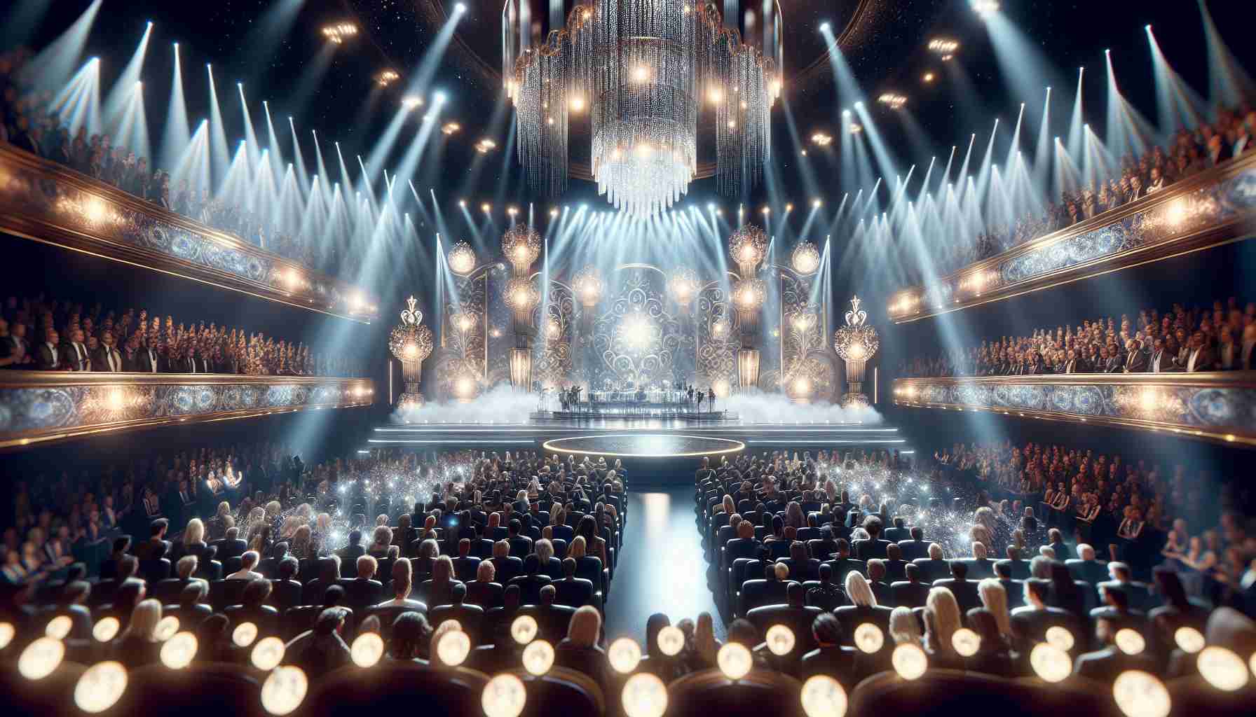 High definition realistic image depicting the grandeur of a major music awards ceremony. The stage is adorned with magnificent decor, lights glittering brighter than diamonds, adding to the splendor. Numerous up-and-coming musicians, each one a rising star in their own right, eagerly await the announcement of the winners. The tension and excitement in the room are palpable, the atmosphere electric. All eyes are on the shining trophy, representing the coveted prize everyone is vying for.