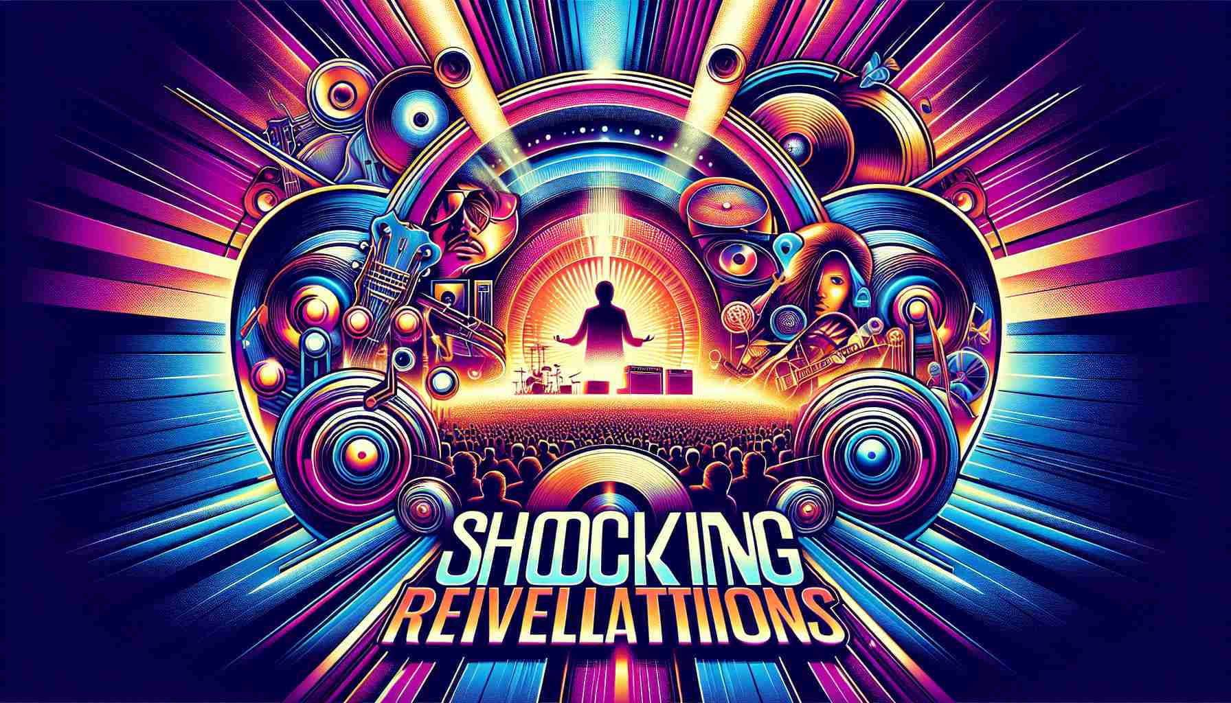 A vivid high definition poster for a captivating new documentary film, centered around groundbreaking information about a renowned music artist. The title 'Shocking Revelations' is inscribed in bold letters across the top. The background shows abstract imagery representing a music industry journey, filled with success and challenges.