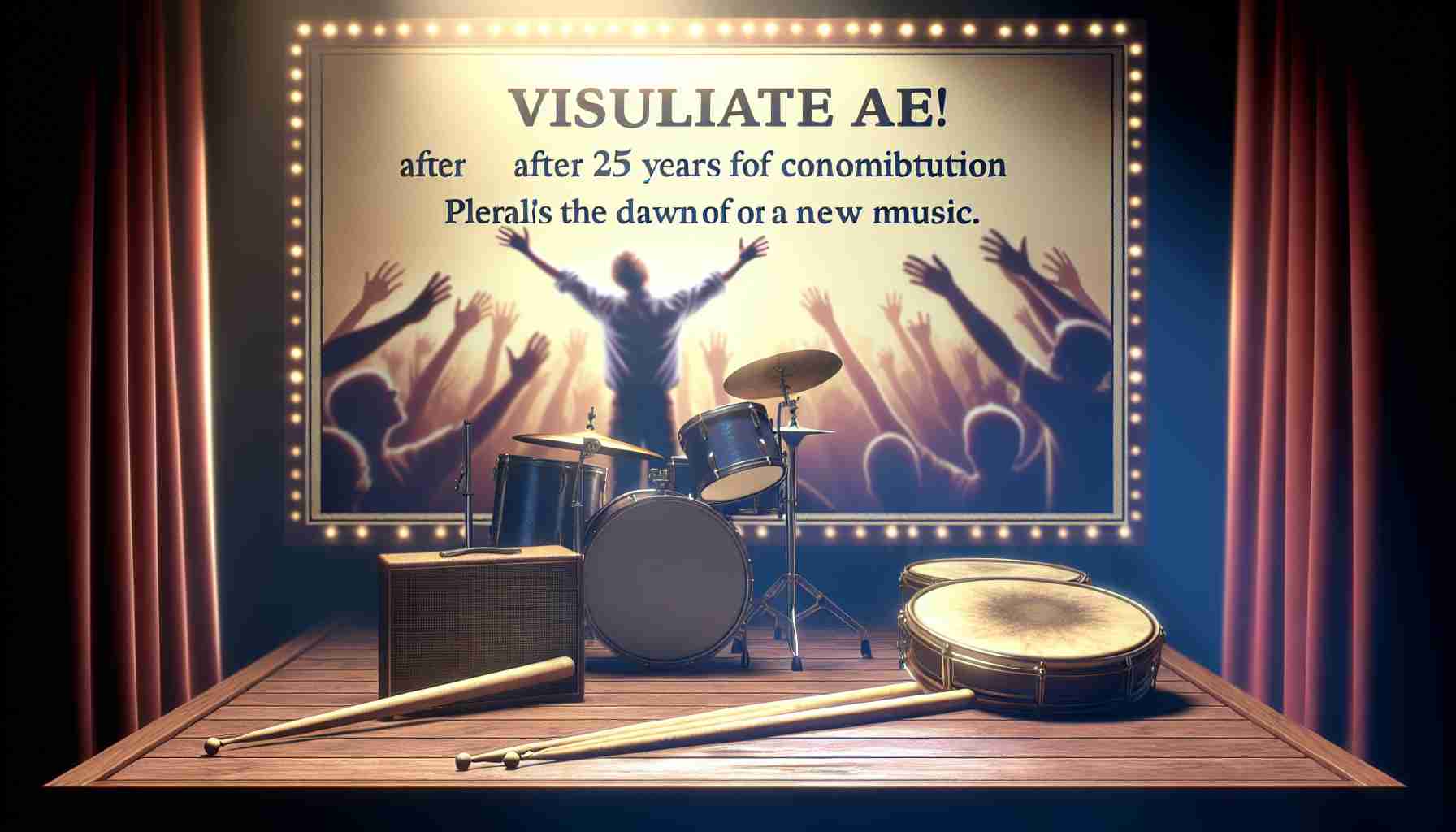 Visualize a realistic image showcasing a momentous event of a drummer after 25 years of contribution. The atmosphere is nostalgic yet hopeful, as it heralds the dawn of a new era for music. Please focus on various elements such as the drum set, worn drumsticks, and the drummer's excited yet sentimental expression.