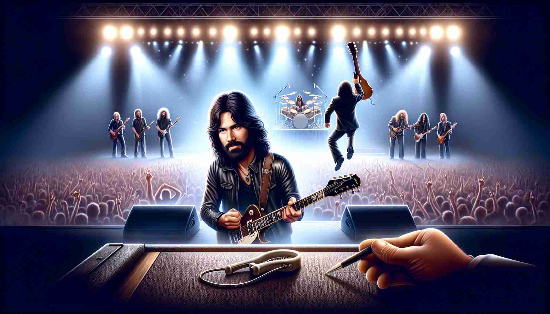 An HD, realistic image of a significant career change in the music industry. A depiction of a notable rock musician, distinguished by his long, dark hair and leather clothing, picking up a guitar joining a legendary band on the stage. The stage background should be filled with bright concert lights, a massive crowd and other band members playing their respective instruments.