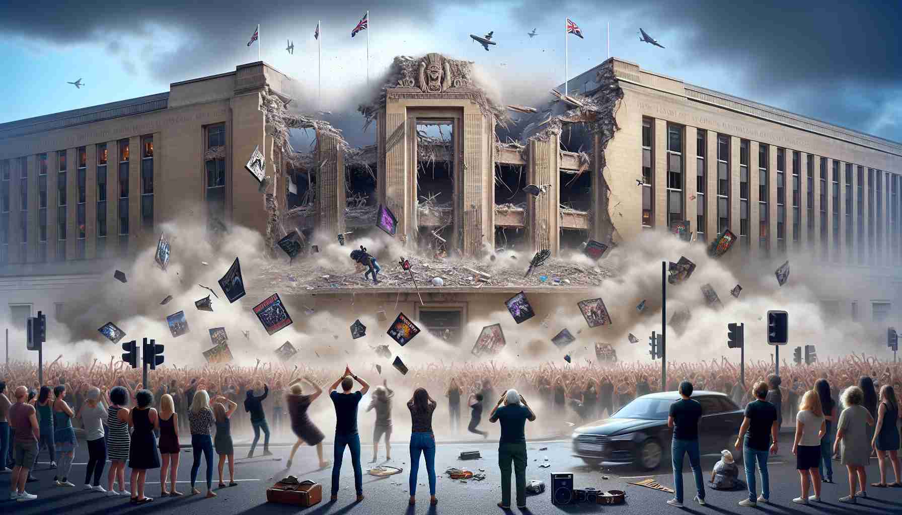 A hyper-realistic high-definition image capturing the emotion surrounding the demolition of an iconic location in rock history. The image should show the crumbling edifice amid a cloud of dust, with scattered memorabilia symbolizing the rich legacy of rock music. In the foreground, people representing fans of different descents and genders display a variety of reactions ranging from shock to anger.