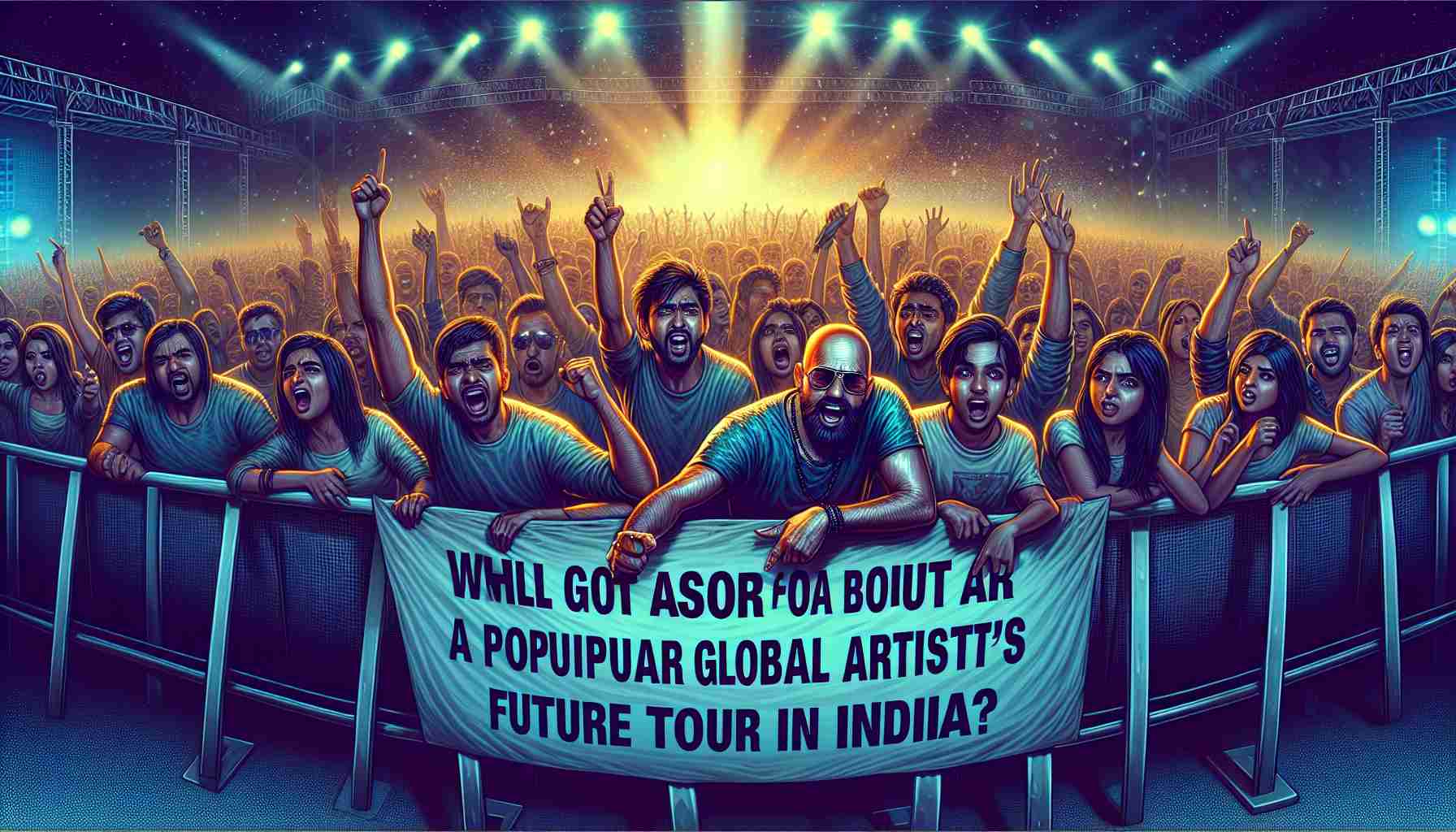 Generate a realistic high-definition image featuring a group of intense fans holding banners asking about a popular global artist's future tour in India. The mood should suggest anticipation and expectation. Please include a lively background suggesting a concert venue.