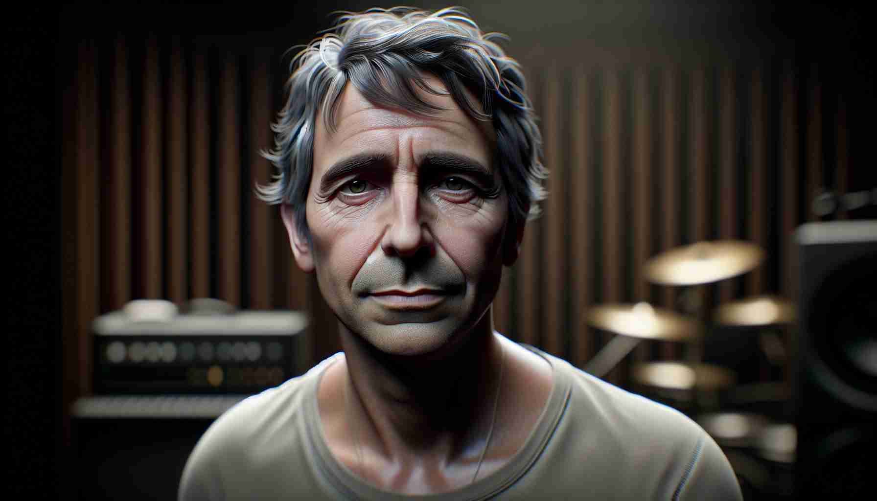 An HD realistic image of a English singer-songwriter. He is a direct descendant of a world-renowned musician legacy. He carries an enigmatic yet gripped expression on his face, attesting significantly to the unescapable burden of the legacy he inherited. He is in his mid-age, with a slightly greying hair, and he is wearing a plain t-shirt and typical musician accessories. The background is a dimmed recording studio, symbolizing his career devotion despite the complex legacy he's bound with.